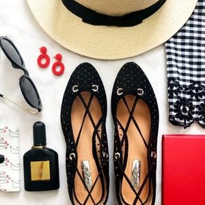 Black Perforated Lasercut Lace Up Flats